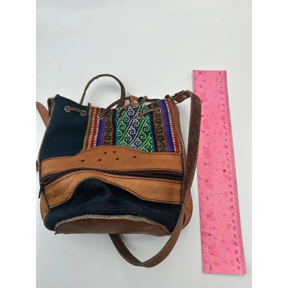 Boho Leather Woven Textile Bucket Bag Crossbody Drawstring Tribal Pattern Brown